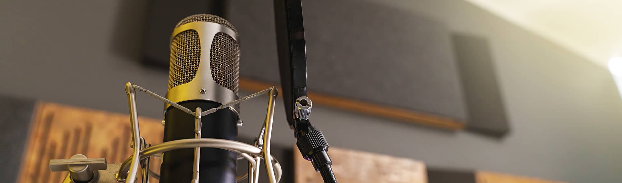 Condenser Microphone in Recording Studio - A close-up of a condenser microphone in a recording studio, with a shallow depth of field. In the blurred background, sound-absorbing panels can be discerned